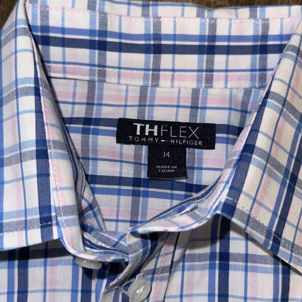 Tommy Hilfiger Boys Flex Plaid Dress Shirt & Blue Dress Pants 14 Dry Cleaned - Picture 3 of 5